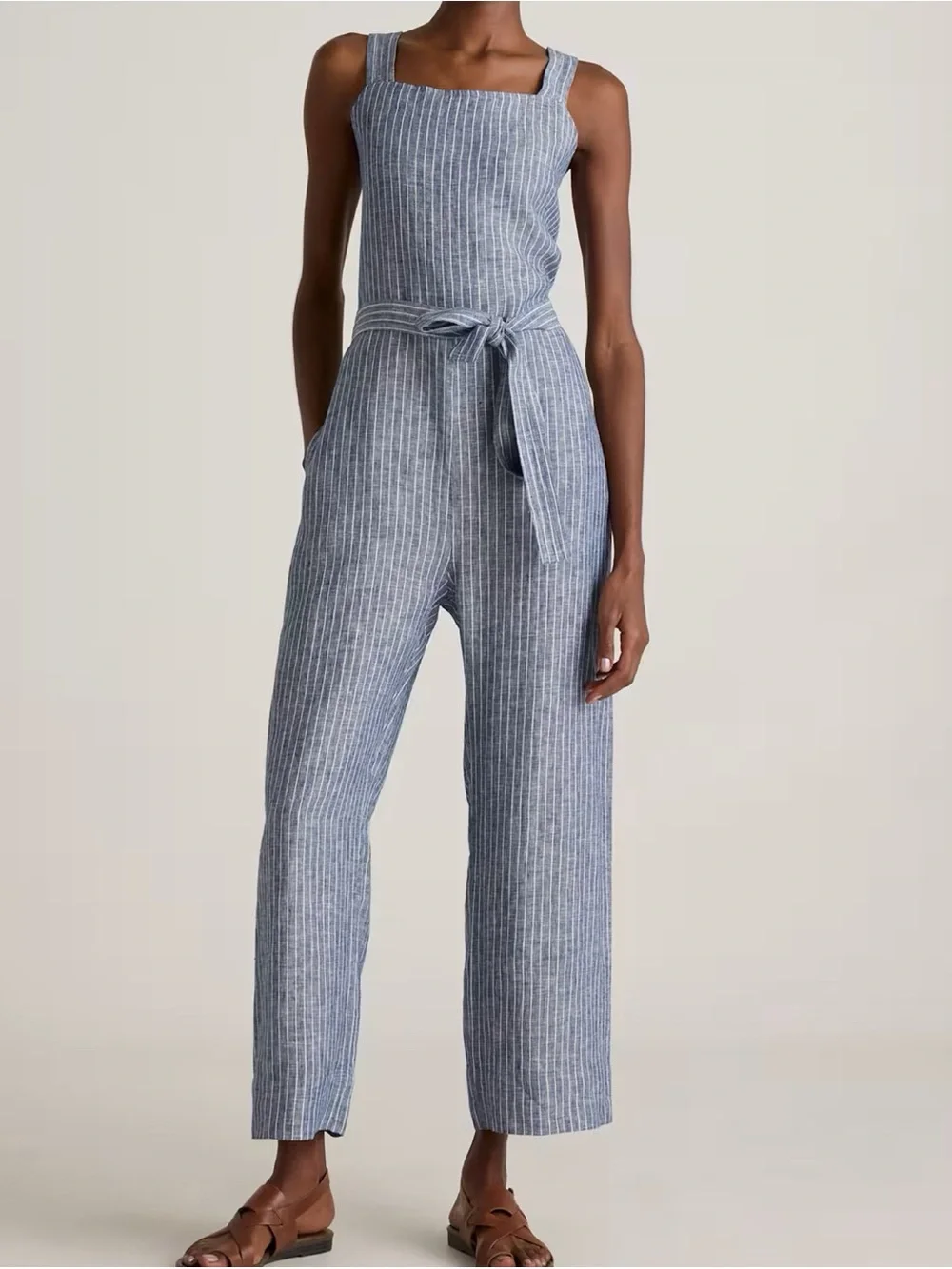 Quince European Linen Chambray Blue Stripe Sleeveless Belted Crop Jumpsuit Small